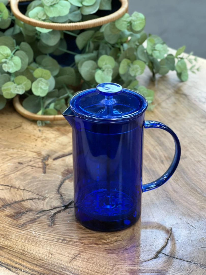 فرنچ پرس ۶۰۰ میل شیشه‌ای رنگ آبی – مناسب تهیه قهوه و دمنوش
