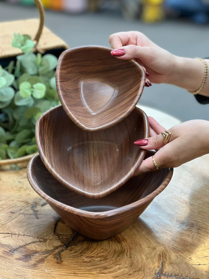 ست سه عددی کاسه مثلثی طرح چوب فرش کیپس – مناسب سرو غذا و دسر